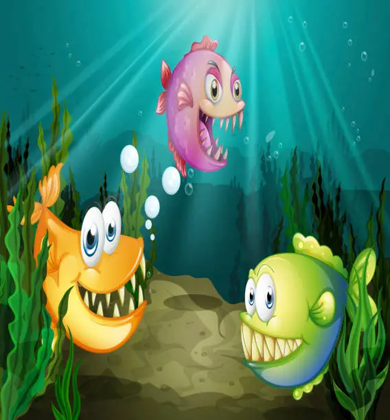 Vector illustration of Three different fishes with big fangs under the sea