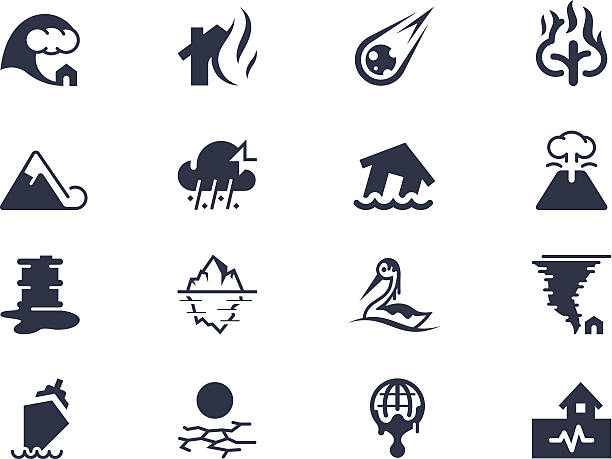 illustrazioni stock, clip art, cartoni animati e icone di tendenza di icone di catastrofe naturale - natural disaster weather symbol volcano