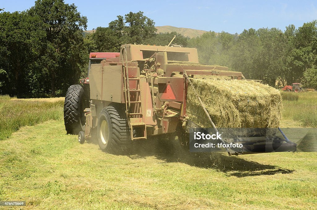 Grand de baler tires de tracteurs et de foin dans le champ - Photo de Agriculture libre de droits