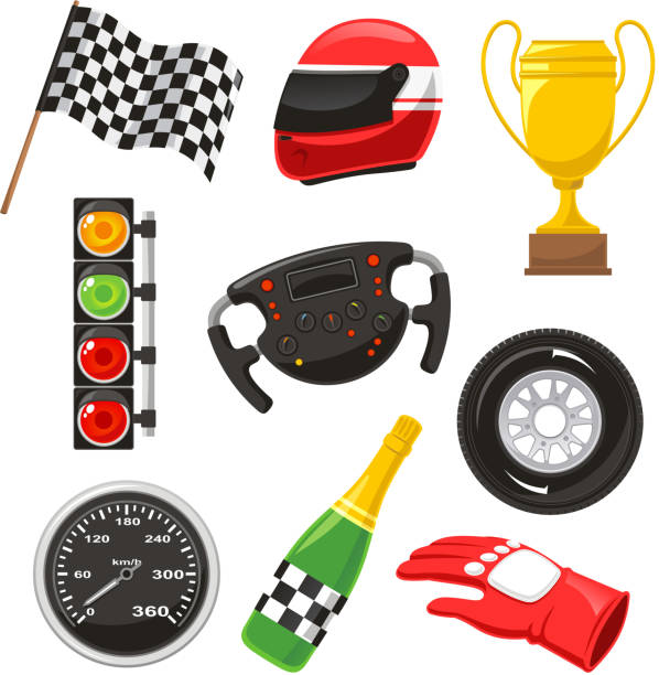 illustrations, cliparts, dessins animés et icônes de monoplace voiture de course voiture icônes casque drapeau compteur de vitesse gants champagne - f1 icons