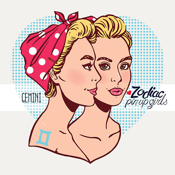 illustrazioni stock, clip art, cartoni animati e icone di tendenza di segni dello zodiaco-gemelli - pin up girl