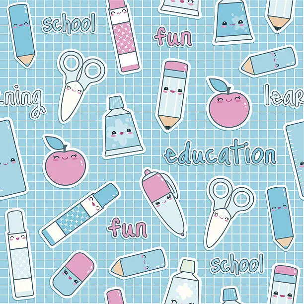 Vector illustration of Back to school kawaii pattern