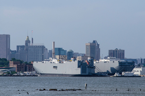 Baltimore, MD USA - May 31, 2015.  Military  vessels Cape Washington & Cape Wrath in lay-berth at Baltimore, MD. 