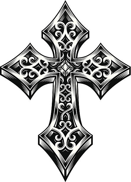 Ornate Celtic Cross fully editable vector illustration of ornate celtic cross, image suitable for design element, logo, crest, coat of arms, or tattoo design cross tattoo stock illustrations