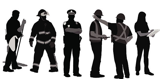 Blue Collars A vector silhouette illustration of working professionals including a janitor, fireman, police officer, construction crew members, and a nurse. firefighter stock illustrations