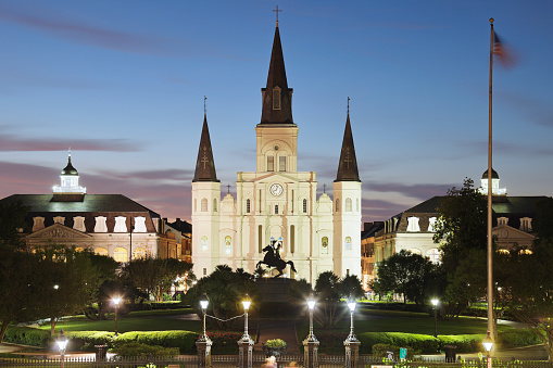The St. Louis Cathedral - one of the oldest in the United States - was originally built in 1718; rebuilt in 1789 and 1850. Saint Louis Cathedral is in the French Quarter of New Orleans. It is located next to Jackson Square between the historic buildings of the Cabildo and the Presbytère.