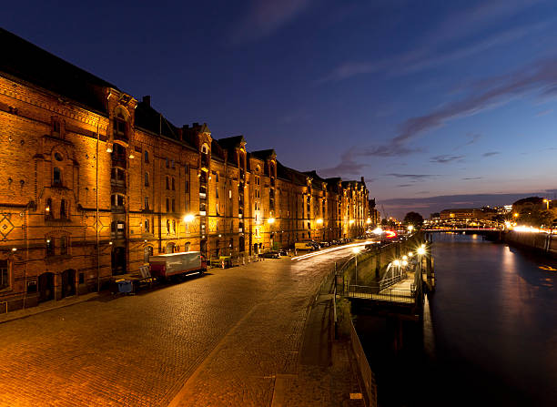 Hamburg, ancient warehouse district Speicherstadt at dusk