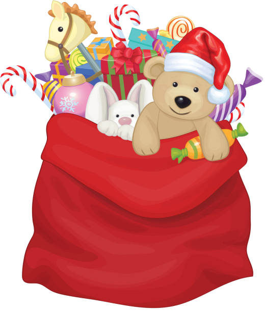 illustrazioni stock, clip art, cartoni animati e icone di tendenza di vector babbo natale con giocattoli e regali. - santas bag