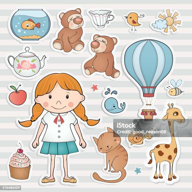 Little Girl And Cute Animals Vector Collection Stock Illustration - Download Image Now - Animal, Baby - Human Age, Backgrounds