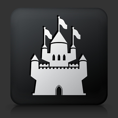 Black Square Button with Castle Icon. This royalty free vector image features a white interface icon on square black button. The vector button has a bevel effect and a light shadow. The image background is dark grey and the button has a light reflection.
