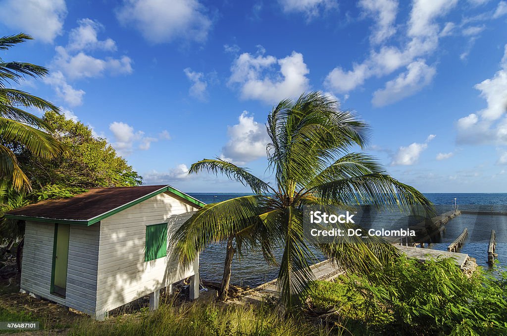 Beach Shack and Sea An old beach shack looking out over the Caribbean Sea Providencia Island Stock Photo