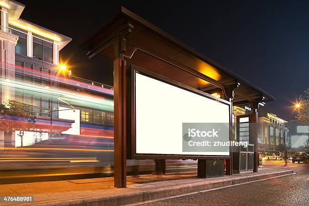 Blank Billboard On Bus Stop At Night Stock Photo - Download Image Now - Billboard, Night, Windbreak