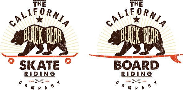 Old fashioned california emblem, with skate and surfboard