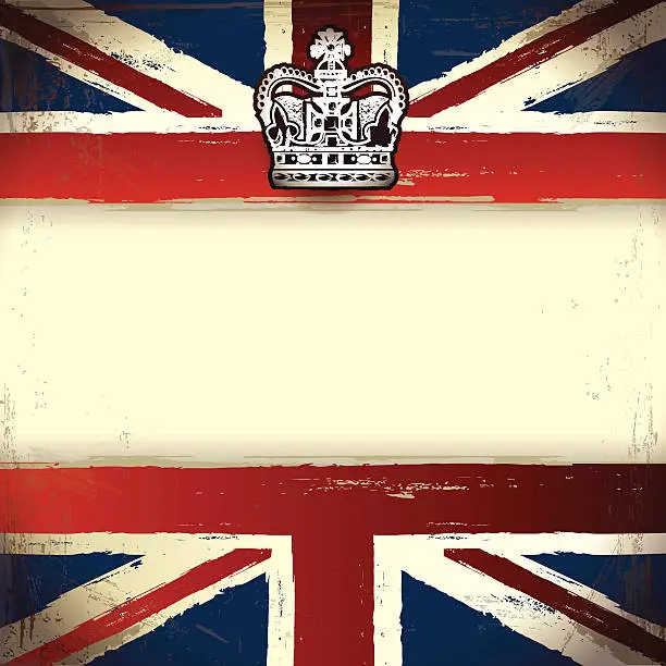 Vector illustration of Square grunge background Union Jack with a Royal crown