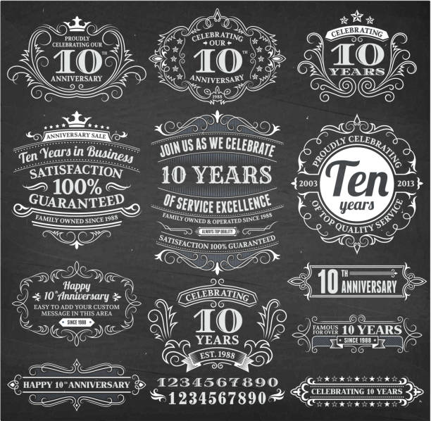 ten year anniversary hand-drawn chalkboard royalty free vector background ten year anniversary hand-drawn chalkboard royalty free vector background. This image depicts a black chalkboard with multiple anniversary announcement designs. There is chalk dust remaining on the chalkboard and the chalkboard texture serves a perfect backdrop for making the anniversary announcements look authentic and elegant. 10 11 years stock illustrations