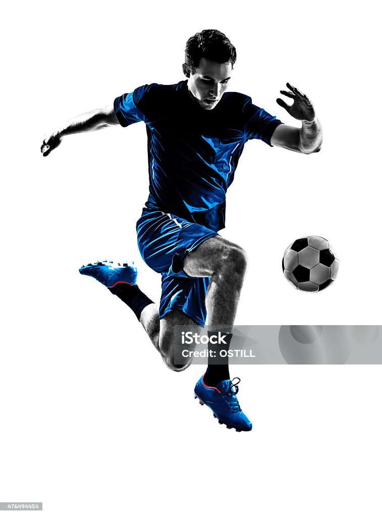 italian soccer player man silhouette one italian soccer player man playing football jumping in silhouette white background Soccer Stock Photo