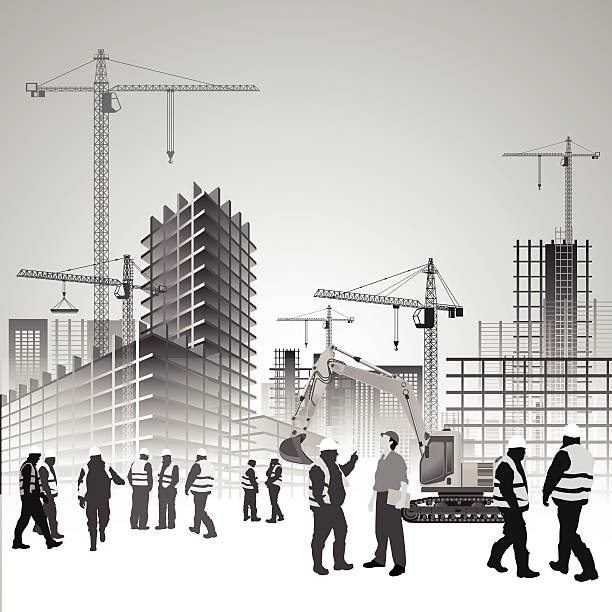 ilustrações, clipart, desenhos animados e ícones de local de trabalho de construção - silhouette crane construction construction site