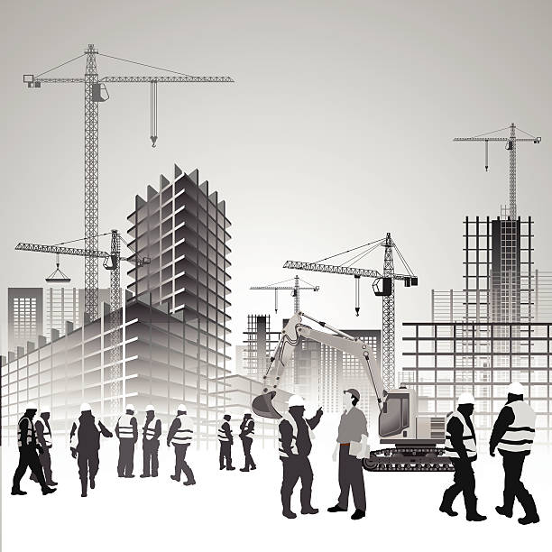 Construction site workers Construction site with cranes, excavator and workers. Vector illustration concrete silhouettes stock illustrations