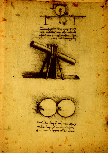 Leonardo's Da Vinci engineering drawing from 1503 on textured background.