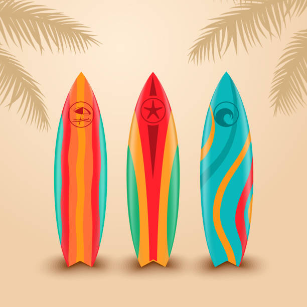 surfboards mit verschiedenen design - surfboard stock-grafiken, -clipart, -cartoons und -symbole