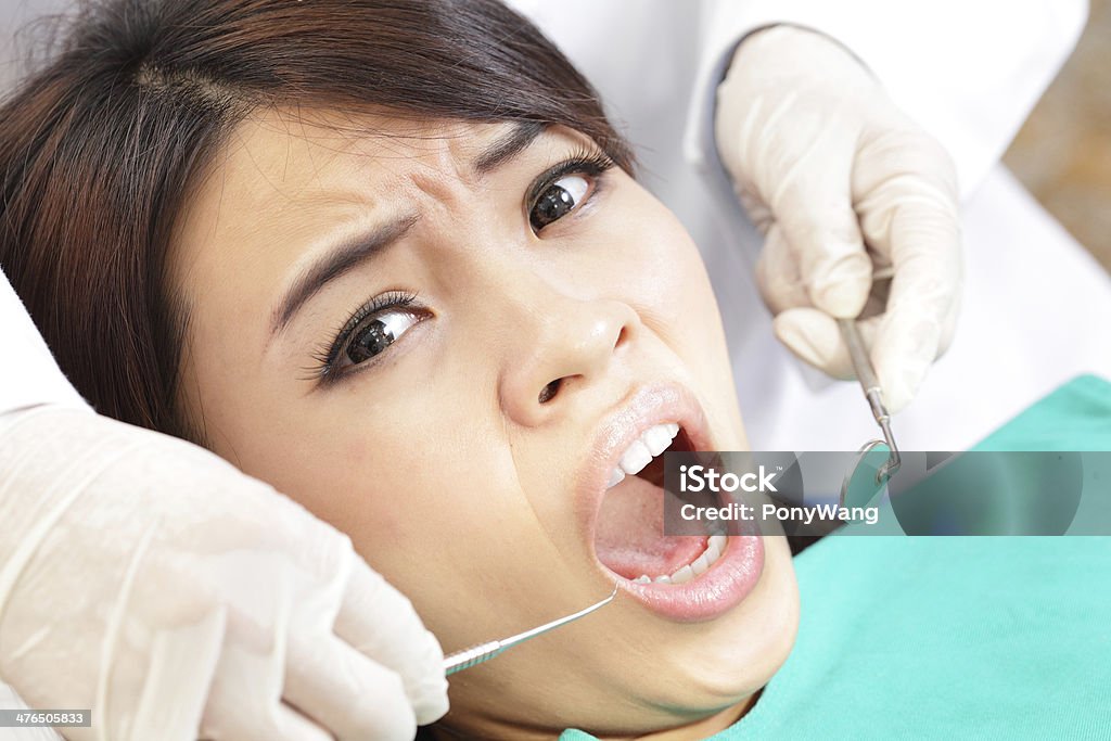 Spaventata paziente in ospedale dentale - Foto stock royalty-free di Dentista