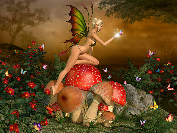 elven beautiful woman in fairytale forest - amanita parcivolvata stockfoto's en -beelden