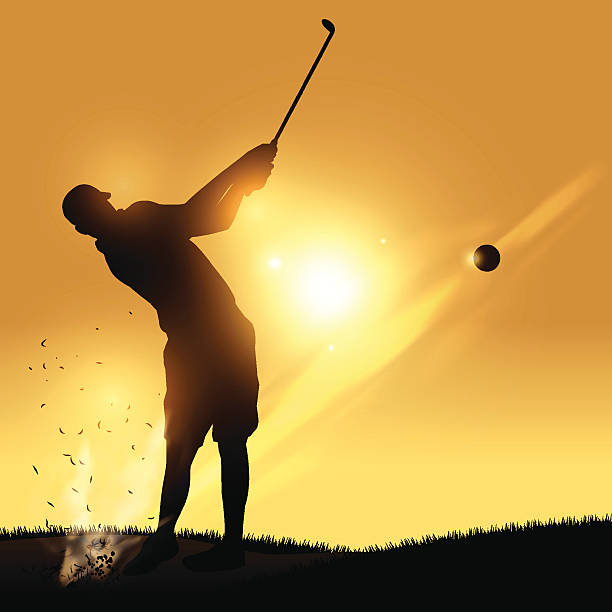 Golfer swing Golfer silhouette hard swinging witha yellow background golf silhouettes stock illustrations