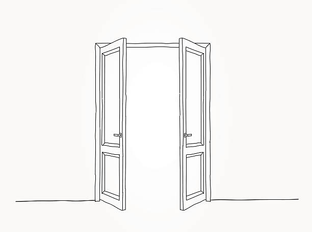 Double Door Drawing 454x612 Black Contour Doors Stock Illustration - Download Image Now - Door, Opening, Open - iStock