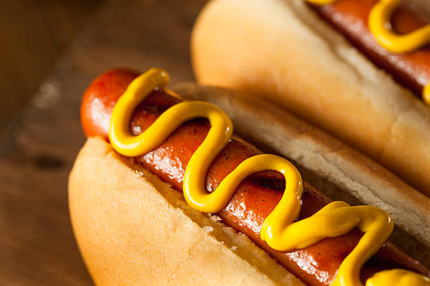 Barbecue Grilled Hot Dog Barbecue Grilled Hot Dog with Yellow Mustard hot dog stock pictures, royalty-free photos & images