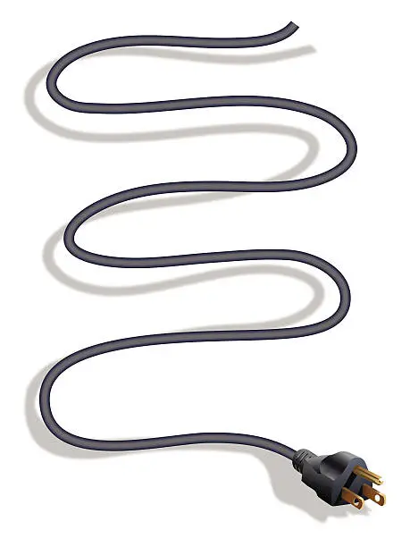 Vector illustration of Swirly Zig-zagging Black Computer Electrical Cord with Three Prong Plug