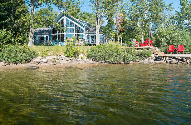 istock cottage with large bay windows on a lake 476519705