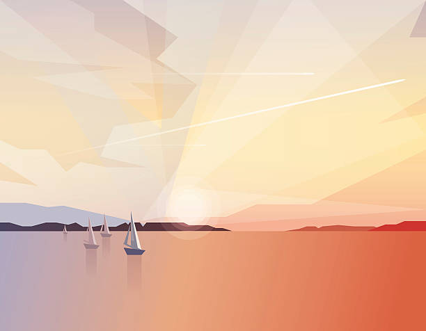 ilustraciones, imágenes clip art, dibujos animados e iconos de stock de hermoso y tranquilo paisaje con vista al mar, las embarcaciones a vela en sunrise - bay