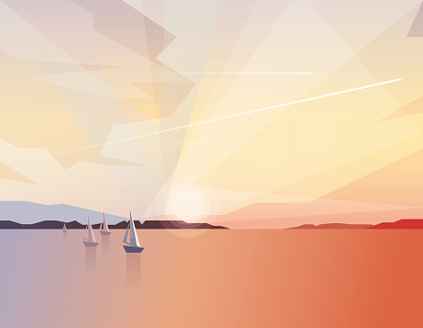 Beautiful tranquil ocean view scenery with sailing boats on sunrise vector illustraton.