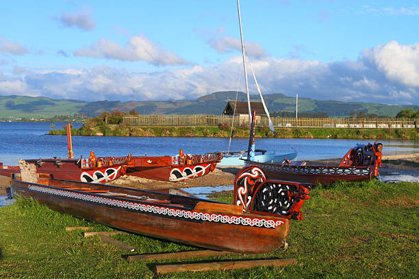 Maori boats Traditional Maori wood carved canoes on the shore in New Zealand rotorua stock pictures, royalty-free photos & images