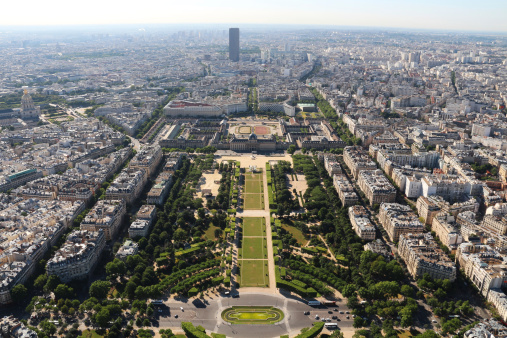 Aerial View over Champ-de-Mars from The Eiffel Tower, Paris, France.
