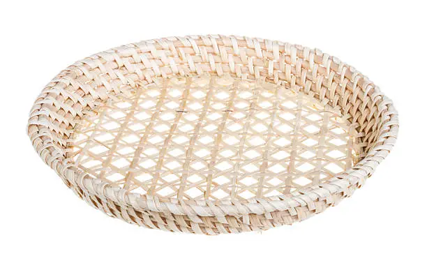 Wickerwork empty yellow breadbasket on white background