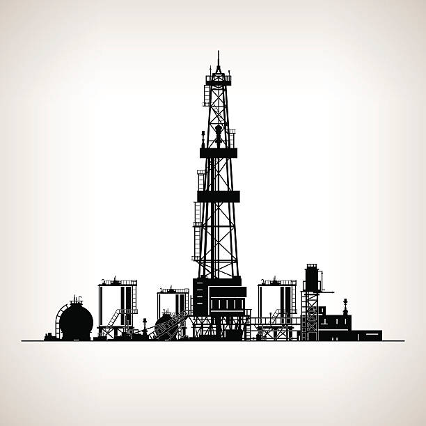 ilustraciones, imágenes clip art, dibujos animados e iconos de stock de silueta torre perforadora - oil rig onshore drilling rig borehole