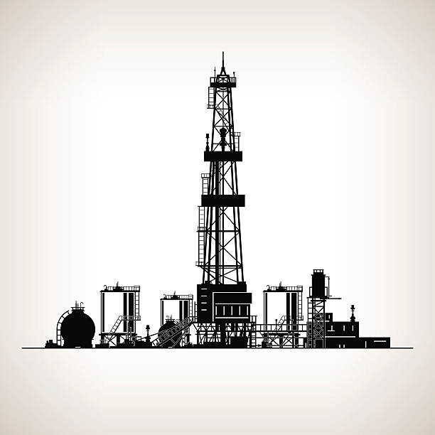 illustrazioni stock, clip art, cartoni animati e icone di tendenza di silhouette piattaforma di perforazione - oil industry oil rig fuel and power generation tower