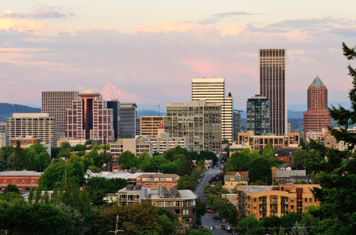 Downtown Portland Oregon from the Vista Bridge at sunset with a thunderstorm in the background