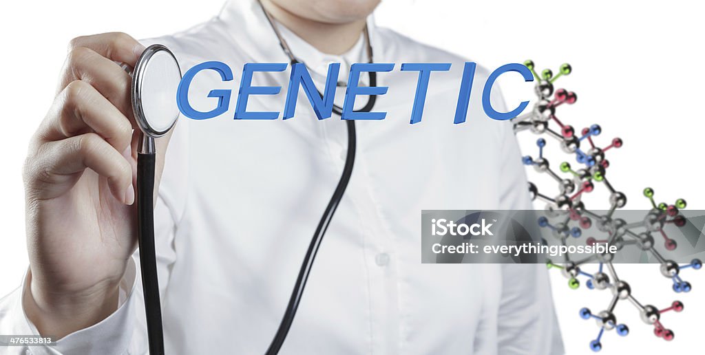 Estetoscópio médico detém nas mãos com palavra genética - Foto de stock de Azul royalty-free