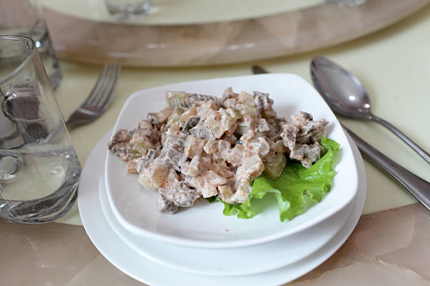 Salad with meat and vegetables on a white plate