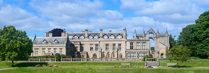 Nottingham, England - June 7, 2015: A panoramic view of Newstead Abbey (rear). At Newstead Abbey in Nottingham, England.