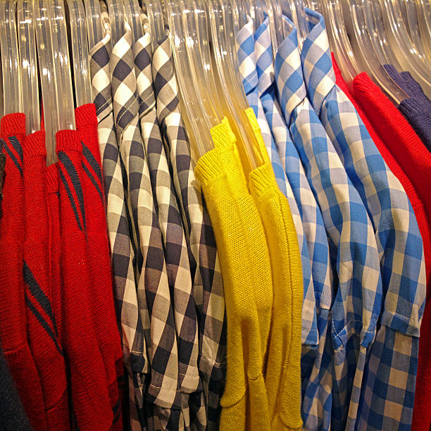 Shirt. This image was taken with a mobile phone. colorful check shirts on sale at a clothing store stock pictures, royalty-free photos & images