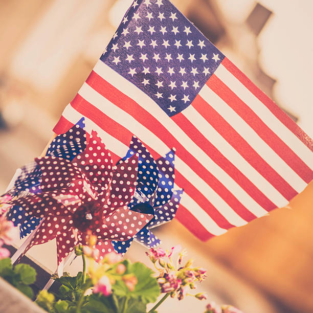 istock July 4th Decor. Patriotic pinwheels with American flag. Independence Day. 476541048
