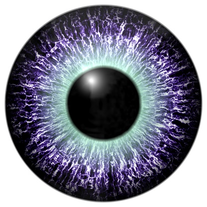 Detail of eye with purple colored iris, white veins and black pupil with green glow