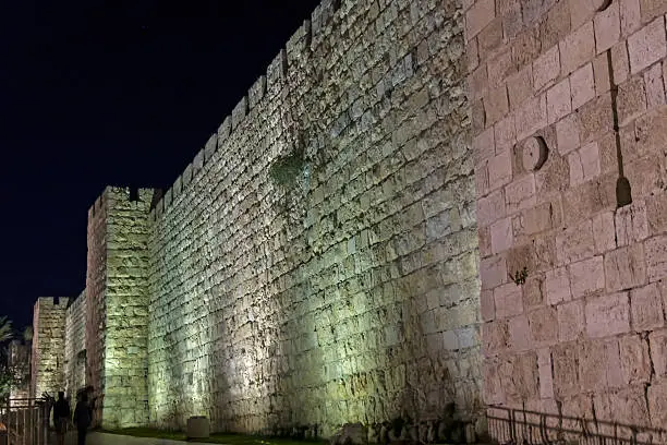 Night view on Old City of Jerusalem stronghold wall. Israel.