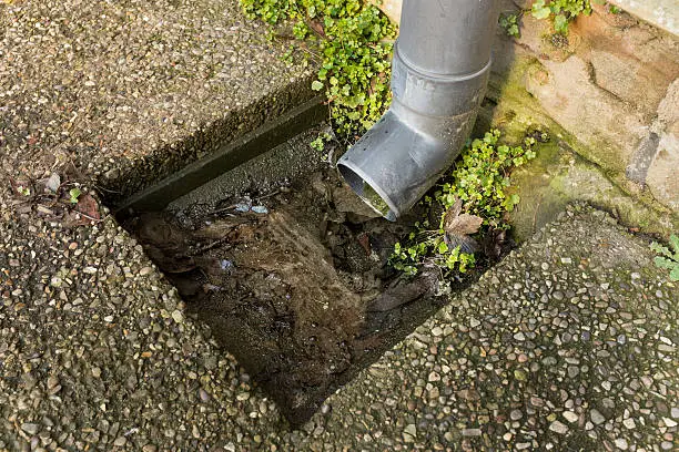 A blocked outdoor rainwater/storm drain in Britain