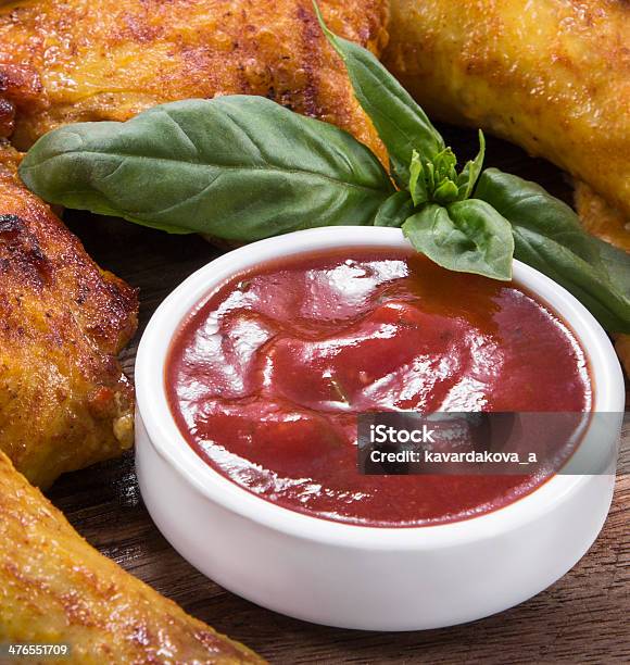Red Sauce In Background Of Fried Chicken Stock Photo - Download Image Now - Red Wine Sauce, Smoked Chicken, Barbecue Chicken