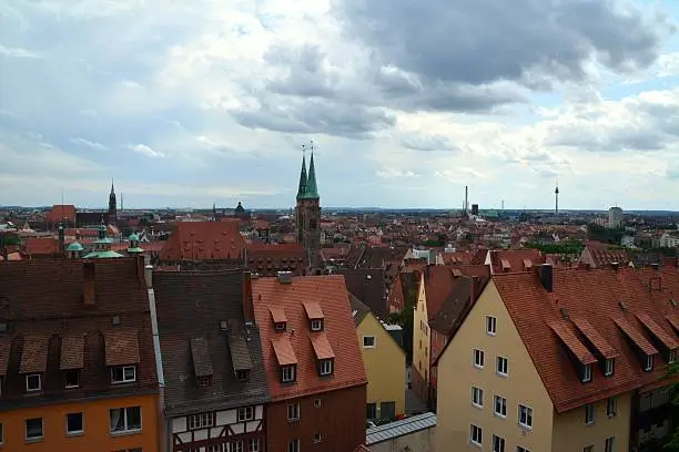 Nurnberg altstadt cityscape, viewed from the castle, who dominates the north-western corner of the old town.  In the background the Fernmeldeturm telecommunication Tower.