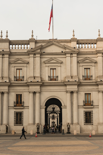 Santiago, Сhile - May 22, 2015: Facade of Palaca La Moneda in Santiago, Chile. La Moneda is the Presidential Palace in the centre of Santiago